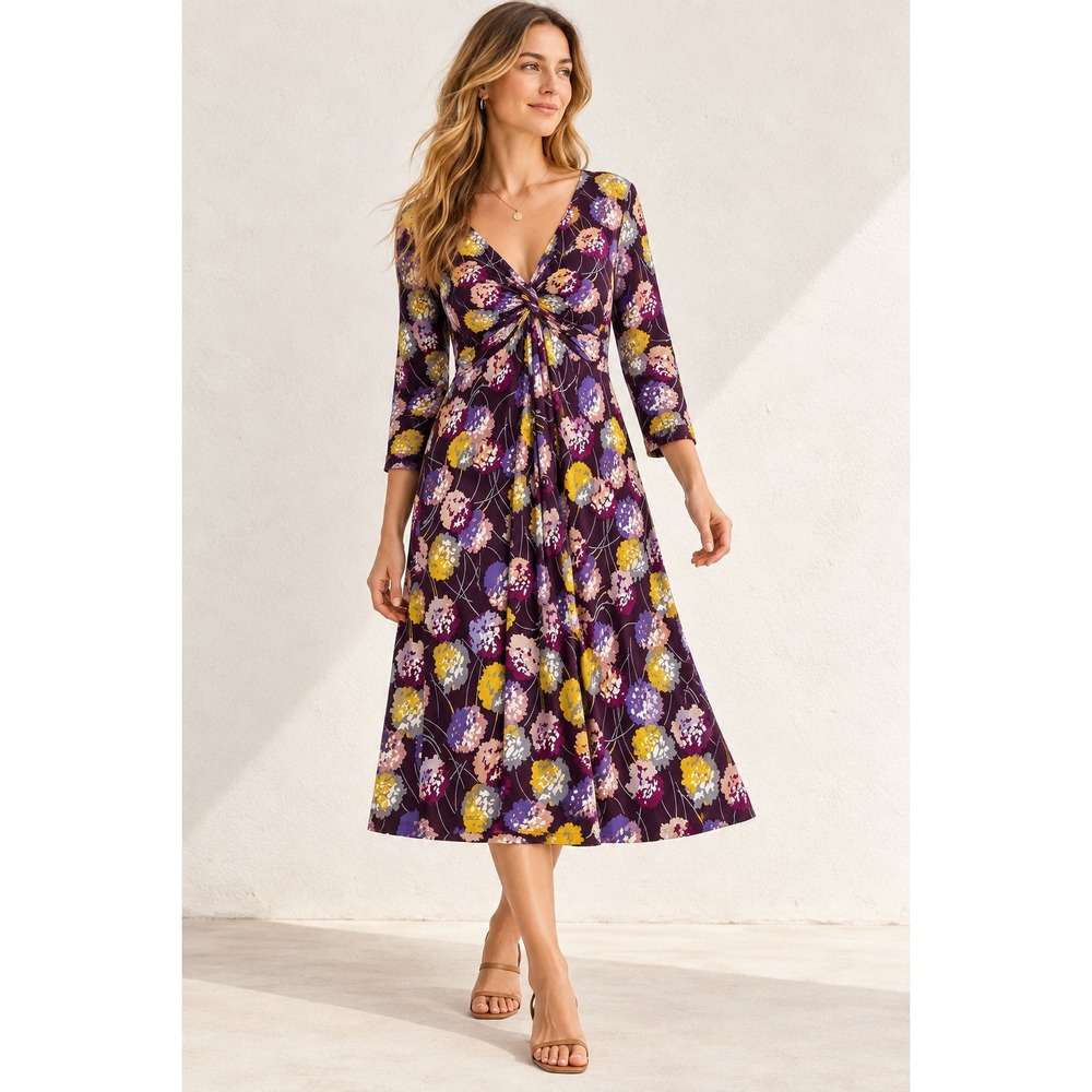 Boden Twist Front Floral Jersey Midi Dress Purple Plum 3/4 Sleeve Size US 12R